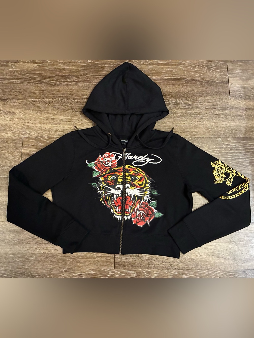 Ed Hardy Black Cropped Zip Up Hoodie with Tiger & Rose Graphic Size Large